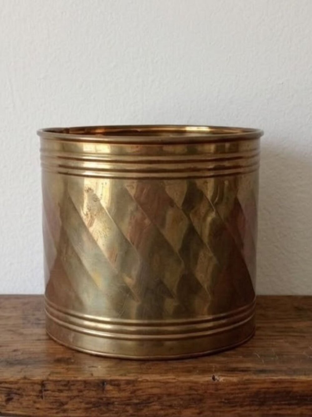 Vintage Brass Cylinder Planter Diagonal Diamond Pattern Cachepot Made in India